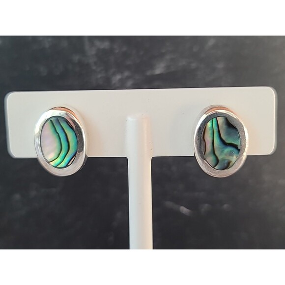 Mexican 925 Sterling Silver Abalone Shell Oval Shaped Pierced Earrings Vintage - Picture 2 of 10